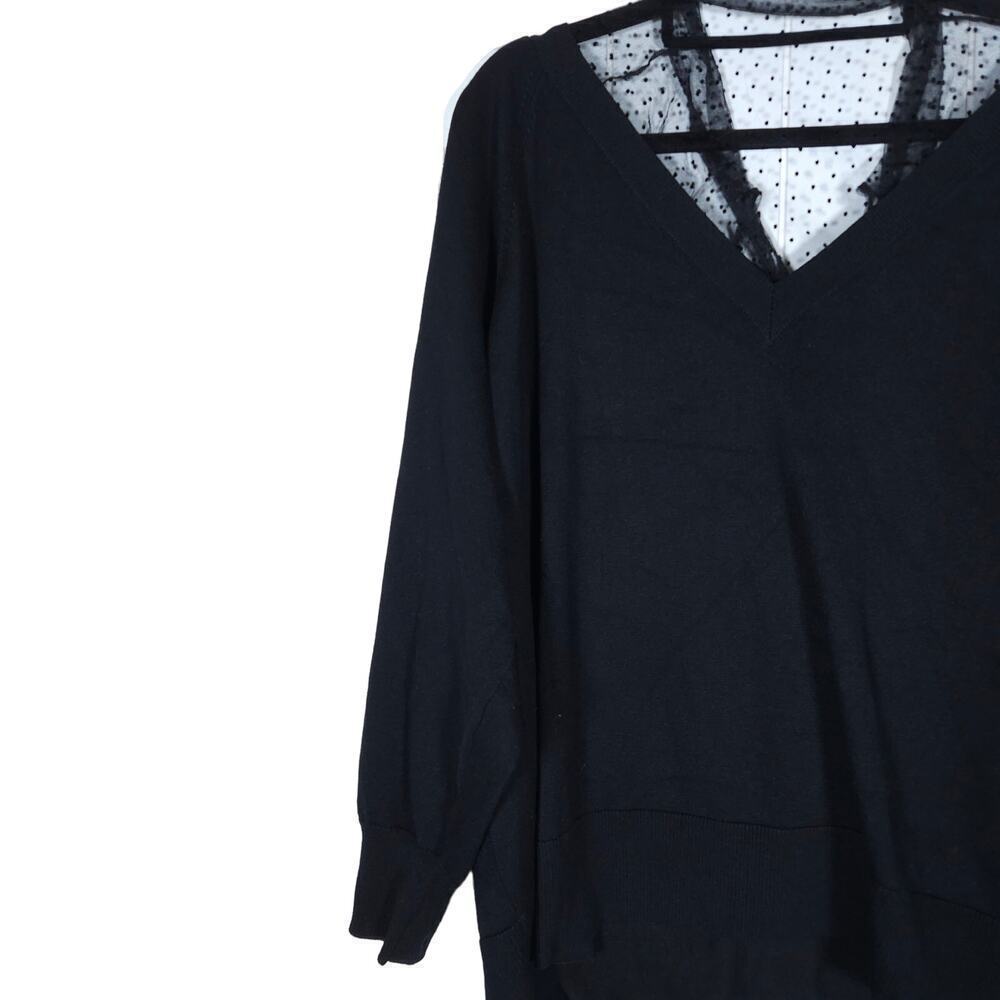 Eloquii Shirt 18 20 Black Polka Dot Mesh V Neck Long Sleeve Elastic Cuff Top - Picture 3 of 13